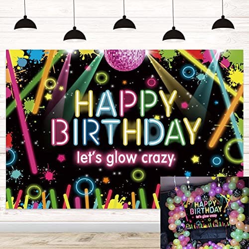 Image of Neon Happy Birthday Backdrop Let Glow Party Photography Background Splatter Graffiti Painting Decorations Banner Adult Bday Birthday Party Photo Supplies (7x5FT)
