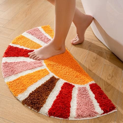 Image of QIUKUN Boho Bathroom Rugs Half Circle Bath Mat Cute Bohemian Bath Rug for Bedroom Small Carpet Home Decor Non-Slip Semi Round Shower Rug Funny Washable Indoor Floor Door Mat Sun Retro