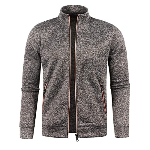 Image of Mens Knitted Chunky Cardigan with Full Front Zipper Thick Sweater Zip Stand Collar Full Zip Long Sleeve Jacket Knitwear Classic Knitted Fleece Lined Winter Coat Coffee