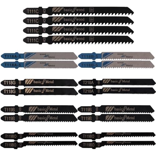 Image of 20Pcs Jigsaw Blades Set for Bosch, Dewalt, Ryobi, Makita, Milwaukee, T-Shank Jigsaw Blade Set, Jig Saw Blade Wood, Fast Cut HCS/HSS Jigsaw Blades for Wood, Plastic and Metal