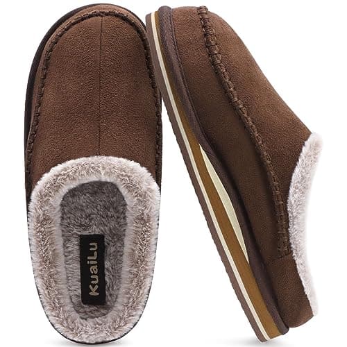 Image of KuaiLu Mens Momery Foam Clog Slippers Comfy Handmade Stitch Microsuede Slip-on House Shoes With Arch Support Warm Faux Fur Lined Rubber Sole Indoor Outdoor Brown Size 7