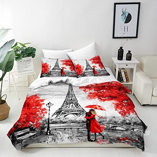 Image of ANHOPE Paris Duvet Cover Set Soft Lightweight 3Pcs Bedding Set with 2 Pillowcase Romantic Oil Painting Paris Eiffel Tower Print Pattern Microfiber Quilt Cover with Zipper Closure Single Size