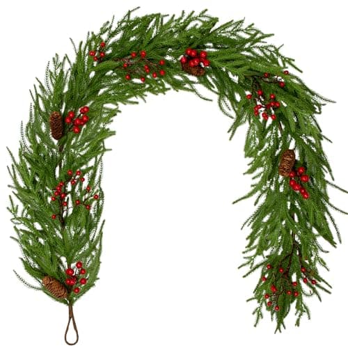 Image of Oairse Artificial Christmas Garland with Pinecones and Red Berries, 6FT/180cm Realistic Norfolk Pine Hanging Decoration for Fireplace Mantel, Staircase, Doorway, Window, Holiday Indoor Outdoor Décor