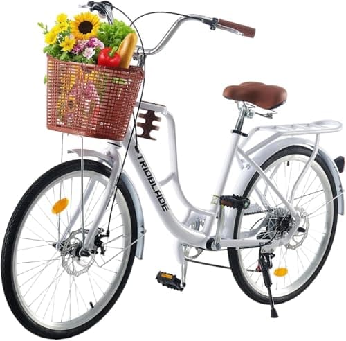 Image of TRIOBLADE 24''26'' Vintage Ladies Bike with Basket 7 Speed Hybrid City Bike for Women Dual Disc Brakes Basket Rear Rack Lightweight Commuter bike Retro Bicycle White Urban Bike (24 inch)