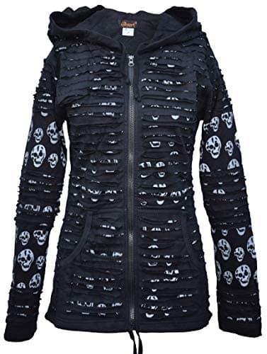 Image of Gheri Women's Skull Printed Slashed Razor Cut Emo Gothic Ribs Hoodie Jacket Black UK 14