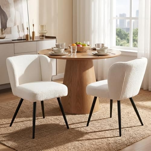 Image of Ya-Home Modern Dining Chairs Set of 2 Kitchen Corner Chairs with Curved Backrest & Metal Legs, Faux Fur Kitchen Chair for Dining Room, White