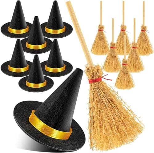 Image of LZMDISU 14Pcs Mini Witch Hat, Small Witch Hats with Brooms for Crafts, Felt Witch Hats and Brooms for Halloween Handmade Wine Bottle Party Decor