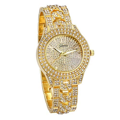 Image of JewelryWe Men Women Watches Gold Tone Alloy Quartz Watch Stylish Rhinestone Business Casual Dress Wristwatches for Fathers Day