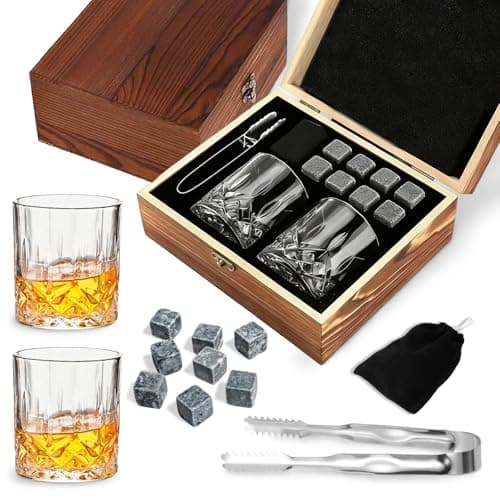 Image of Whiskey Gift Sets for Men, Whisky Gift Set, with 2 Crystal Whiskey Glasses, 8 Reusable Whiskey Stones, Tongs | Scotch, Bourbon, Perfect Christmas or Birthday Present for Dad Husband Boyfriend