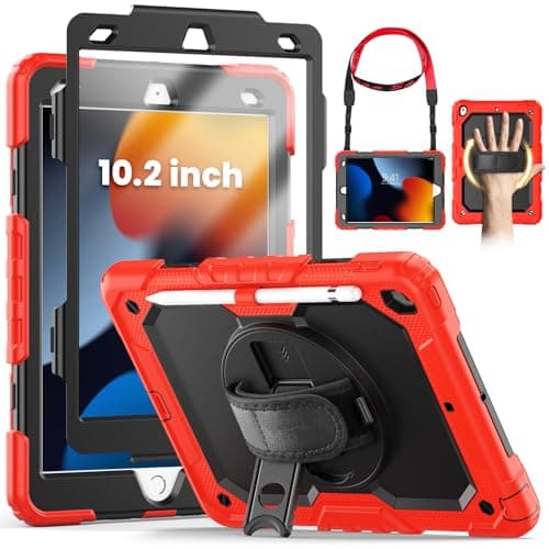 Image of SEYMCY for iPad 9th/8th/7th Generation Case 10.2 inch, Shockproof Sturdy Cover with 360° Rotating Hand Strap & Stand, Screen Protector, Shoulder Strap, Pen Holder for iPad 9/8/7 gen 2021~2019, Red