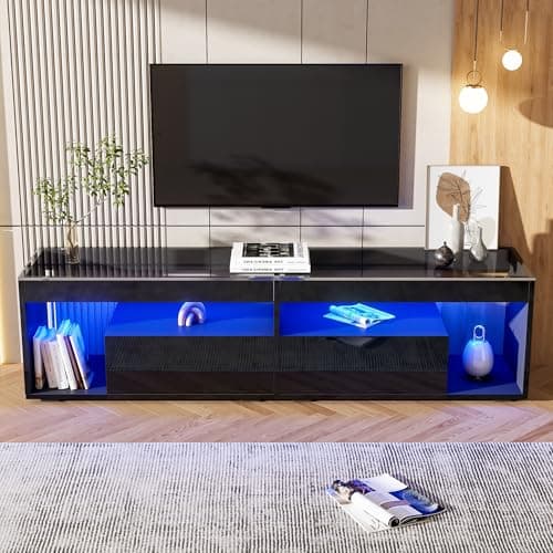 Image of BTM High Gloss TV Stand with 2 Drawers,glass tabletop,TV Cabinet Storage Sideboard with LED lights for livingroom bedroom,TV Entertainment Center, 180cm, Black, Holds TVs up to 80"