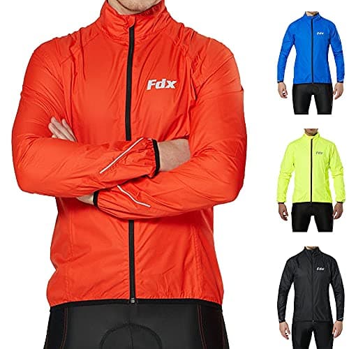 Image of Fdx Men’s Cycling Jacket - Waterproof Lightweight Breathable Cycle Rain Tops - High Visibility Full Sleeves Taped Seams Reflective Jersey - Windproof Coat for Riding, Running, Bike Racing (Red, Large)