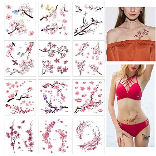 Image of Glaryyears Flower Birds Temporary Tattoos, 12 Sheets Cherry Blossoms Fake Realistic Tattoo Sticker for Women Girls, Sexy Leaf Body Art for Seasons