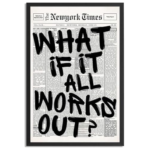 Image of Trendy Luxury Black and White Framed Wall Art-What If It All Works Out Poster For Preppy Girly Dorm Decor-Funky Fashion Newspaper Pictures Canvas Prints Ready to Hang Room