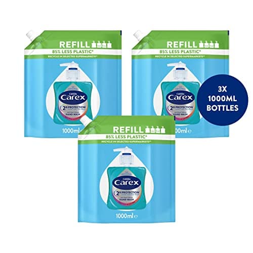 Image of Carex 2 Hour Protection Antibacterial Original Hand Wash Refills, Liquid Hand Soap Eco Refill for Homes & Businesses, Clean & Protect Hands, Bulk Buy, Pack of 3 x 1 litre
