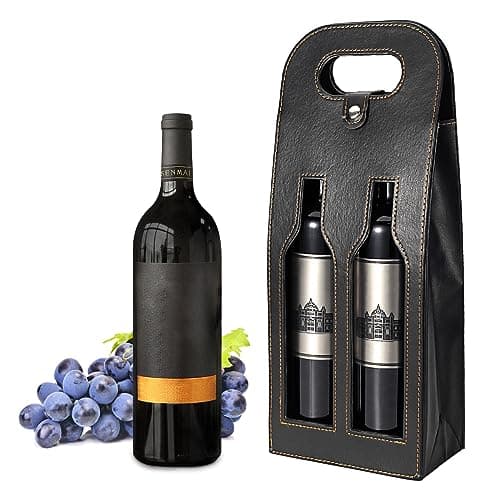 Image of Double Bottle Wine Tote, Reusable Leather Wine Bag Tote, Double Bottle Wine Tote Bag, Crocodile Grain Wine Gift Bag for Picnic, Travel, Party, Birthday, Wedding, Restaurant (Double Black)