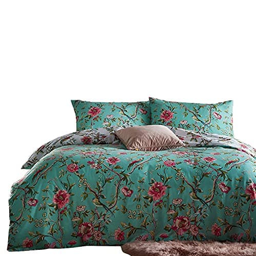 Image of furn. Vintage Chinoiserie Duvet Cover and Pillowcase Set – Floral Exotic Bird Reversible Bedding (Jade – Double)
