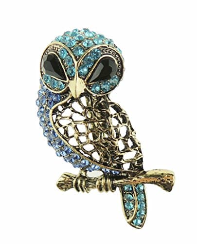 Image of Womens Mens Gold Tone Antique Look Crystal Diamante Wedding Guest Christmas Birthday Gift Boxed Bird Wildlife Lover Fashion Badge Scarf Dress Lapel Brooch Pin Barn Tawny Owl Turquoise Royal Blue