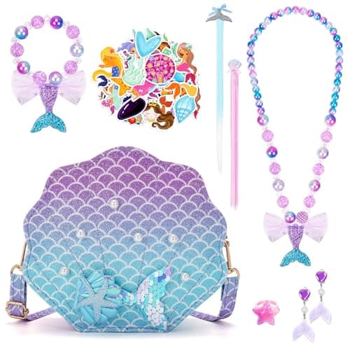 Image of BTHRORO Mermaid Purse for Little Girls, Toddler Crossbody Bags with Dress Up Jewelry Set Mermaid Necklace Bracelet Ring Shell Earrings Hair Clips Stickers Pretend Play Gifts Kids Accessories