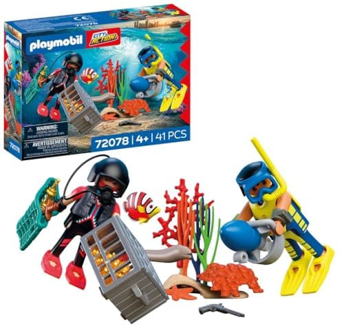 Image of Playmobil City Action Police Diver with Treasure, 2 Figures plus Underwater Scooter and Sea Creatures, Encourages Creativity, Children's Toy for Ages 4 and Up, 72078