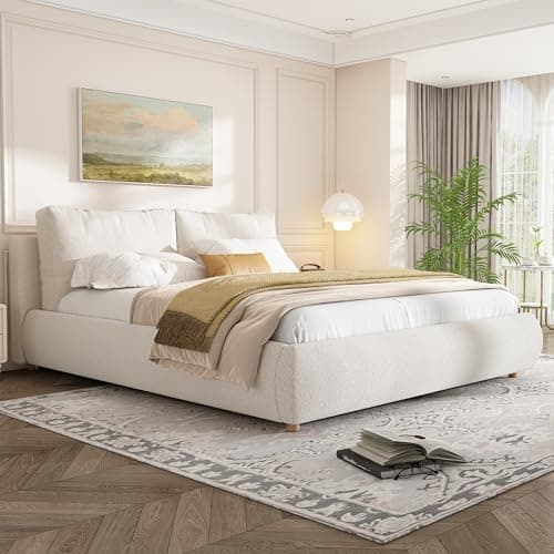 Image of 5ft King Size Ottoman Bed Frame with Hydraulic Storage, Functional Upholstered Ottoman Bed Cloud Bed with Headboard&Slats, Boucle Fabric Hydraulic Storage Beds with 2 Cushions, No Mattress, Warm White