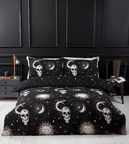 Image of Rapport Home Dark Dreams Tarot Duvet Cover Set King - Reversible Gothic Skull Bedding with Pillowcases - Soft Polyester Black Mystical Print for Adults