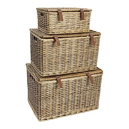 Image of JVL Handmade Buff Wicker Hampers with Faux Leather Straps, Set of 3