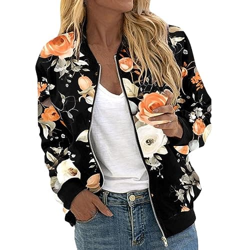 Image of Eauptffy Women's Bomber Jacket, Blouson Women's Black, Pilot Jacket, Long Sleeves, Zip, Flight Jacket, Thin, Comfortable, Casual Jacket, Printed Trend College Jacket, Elegant Leisure Jacket, Summer