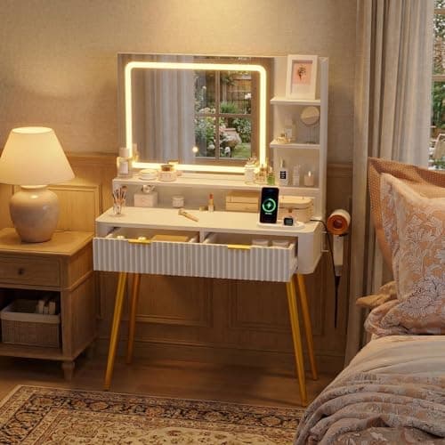 Image of Dressing Table, Vanity Table with 3-Colour LED Lighted Mirror, Power Outlet & USB Charging Port, Modern Makeup Desk with 2 Drawers, 4 Open Shelves and Jewelry Organizer for Girls' Bedroom - White