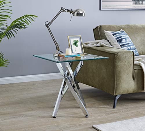 Image of Furniturebox UK Leonardo Square Glass End Table/Side Table/Bedside Table with Chrome Metal Starburst Legs 55x55cm Modern Minimalist Style