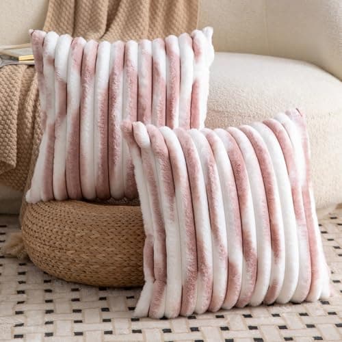 Image of Madizz Set of 2 Faux Fur Decorative Cushion Covers 20x20 inch, 50x50 cm, Pink White Soft Couch Throw Pillows for Bed Modern Pillowcases for Sofa Livingroom Home Decor