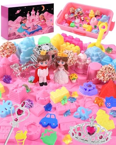 Image of cycletour Magic Sand Set Castle Series, Sensory Bin Contains 2 Pounds of Pink Magic Sand for Kid, 57 Types of Accessories, Gifts Suitable for Children Aged 3 and Up