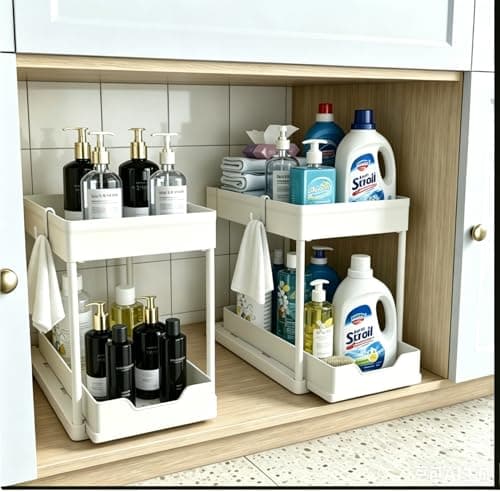 Image of DEKAVA Under Sink Storage 2 Pack, 2 Tier Sliding Organiser, Multi-Purpose Shelf Organiser, Pull Out Cabinet Basket Drawer (White)