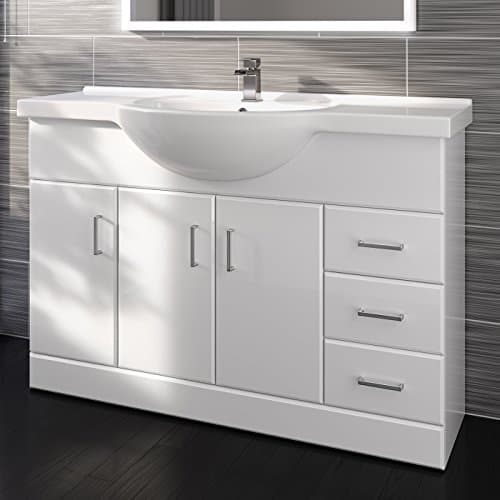 Image of 1200mm White Gloss Basin Vanity Unit Sink Cabinet Bathroom Drawer Storage Furniture