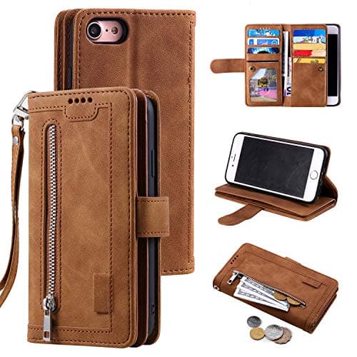 Image of UEEBAI Wallet Case for iPhone 6 iPhone 6S, Retro 9 Card Holder Slots Zipper Pocket Handbag Case PU Leather Magnetic Closure Kickstand with Wrist Strap TPU Shockproof folio Case - Brown