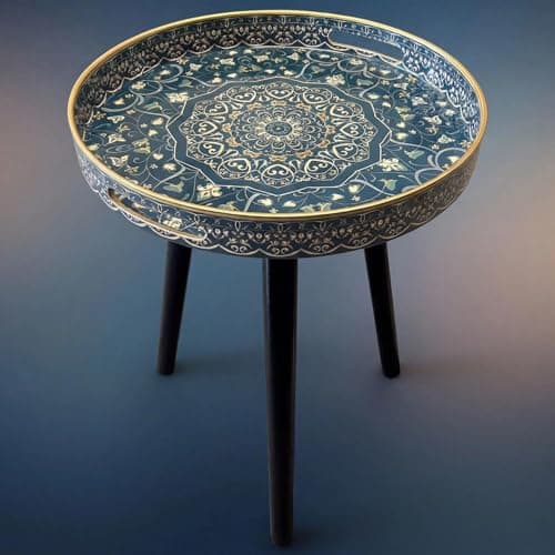 Image of Simmer Stone Round Outdoor Side Tables with Detachable Wooden 3 Legs, Versatile Tray Table, Perfect For Round Coffee Table Tea, and Relaxation Time 17.7 Inch (Blue Maze)