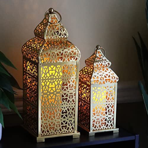 Image of VELA LANTERNS Large Golden Temple Moroccan Lantern Lamp Decorative Candle Holders for Ramadan Decorations, Hanging, Outdoor Patio or Porch, Indoor Home Decor, Gold, Set of 2