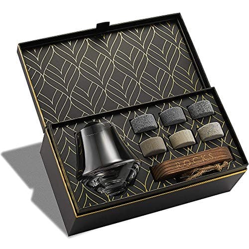 Image of Whisky Stones & Nosing Glass Gift Set - 6 Handcrafted Granite Round Sipping Rocks - Crystal Tumbler for Whiskey, Scotch, Bourbon Tasting - Hardwood Presentation Tray - Gold Foil Box by ROCKS