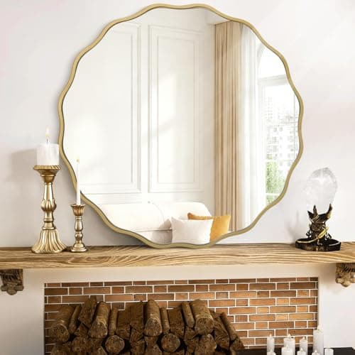 Image of MWAZZLL Gold Mirrors with Wavy Framed Wooden Round Wall Mirror Home Decor 50cm for Bedroom Living Room Entryway Bathroom