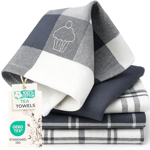 Image of LivinEase 100% Cotton Tea Towels for Kitchen - Pack of 5 Extra Large T Towels - Super Absorbent Dish Cloths for Drying - Decorative Grey Teatowels 70 x 50cm Set