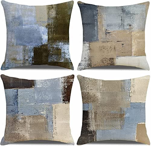 Image of QUALKNOY Set of 4 Cushion Covers 18"x18" Navy Blue Brown Modern Abstract Art Boho Decorative Throw Pillow cases 45 x 45cm for Sofa Living Room Garden Outdoor Home Decor Pillowcases