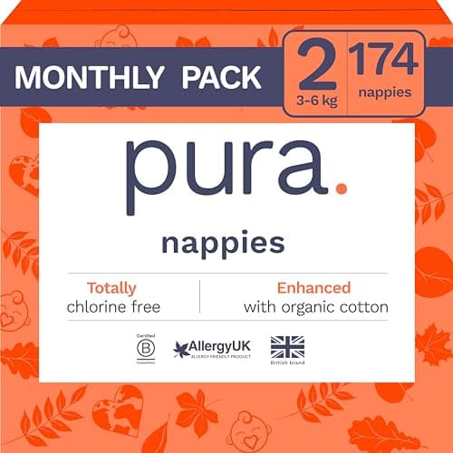 Image of Pura Eco Baby Nappies - Size 2 (3-6kg / 7-13lbs), 6 x 29 Nappies (174 Total), Monthly Pack, Ultra Soft Nappies for Sensitive Skin, Organic Cotton, Wetness Indicator, Umbilical Cord Cutout
