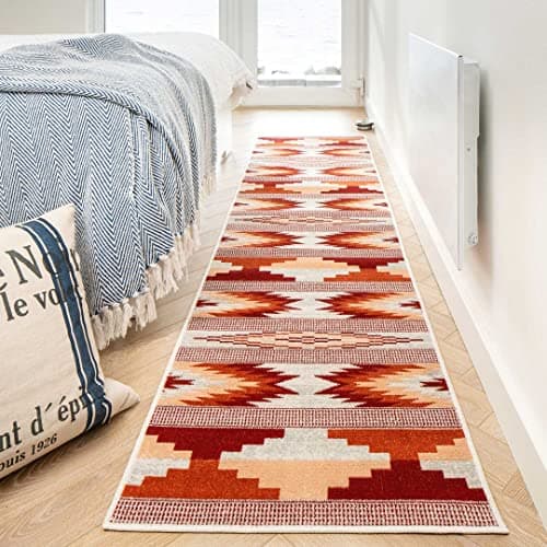 Image of Designer Red Orange Geometric Hallway Runner Rug Aztec Tribal Terracotta Cream Bedroom Carpet Striped Living Room Utility Kitchen Stain Resistant Floor Area Rugs 60cm x 240cm
