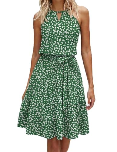 Image of Zeagoo Ladies Dresses Summer Dress Keyhole V Neck Halter Neck Dress Beach Dresses for Women UK Floral Dress with Pocket Green Flowers M