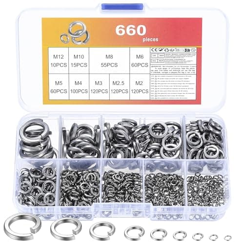 Image of AIOUHMYM 660 Pcs Stainless Steel Spring Lock Washers, Split Lock Spring Washer Assortment Kit, DIN 127 Form B Metal Washers, M2-M12