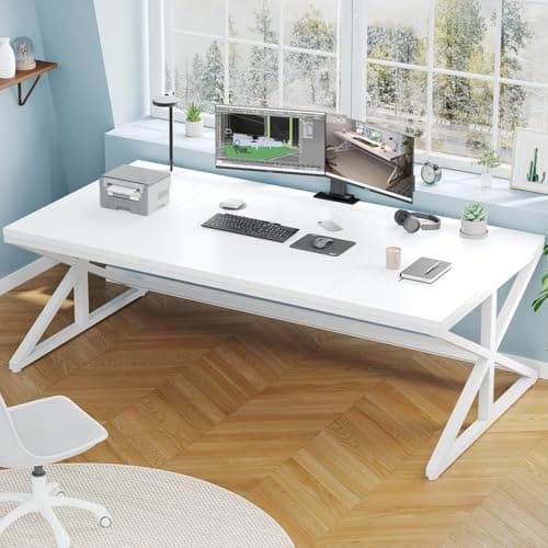 Image of IBF Long Office Computer Desk, Large Modern Wood Home Desk, Industrial Pc Study Gaming Work Writing Table for 2 Person, Farmhouse Double Workstation Executive Desk with Storage in Bedroom,White,180cm