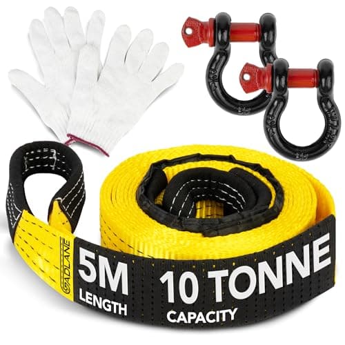Image of GADLANE Hi Vis Tow Rope - 5m x 5cm Thick, 10-Tonne Capacity (22,000Lbs) Wear-Resistant Polyester with Reinforced Ends, UV Coated Tow Strap, Heavy Duty D-Ring Shackles, Storage Bag & Gloves - YELLOW