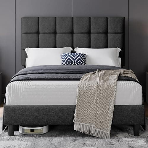 Image of Yaheetech 4ft6 Double Bed Frame Upholstered Platform Bed with Adjustable Square Tufted Headboard/Linen Fabric/Sturdy Wooden Slat Support/No Box Spring Needed, Dark Grey Double Bed