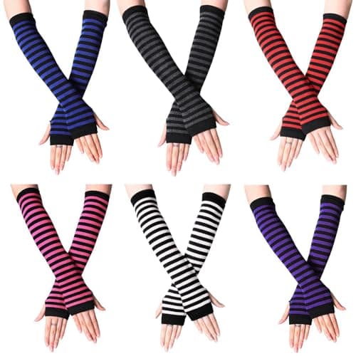 Image of EUDUQ 6 Pairs Long Fingerless Gloves for Women,Striped Knitted Arm Warmers,Soft Winter Arm Sleeves Wrist Warmers,Cozy Long Mittens for Autumn and Winter