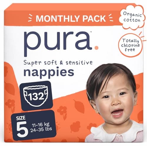 Image of Pura Baby Nappies Size 5, 132 Count, 11-16kg/24-35lbs, Cloud Soft Premium Nappies for Hypoallergenic & Sensitive Skin, Toxin-Free*, Up to 12 Hours Leak Protection